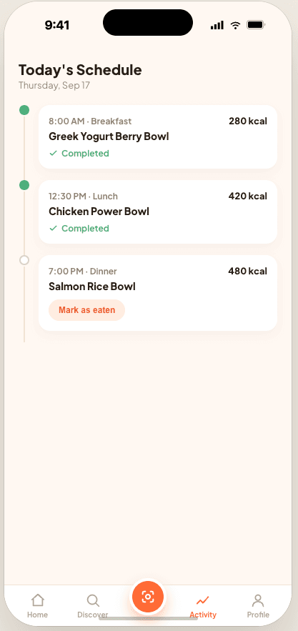 ByteCal — Activity and meal timeline